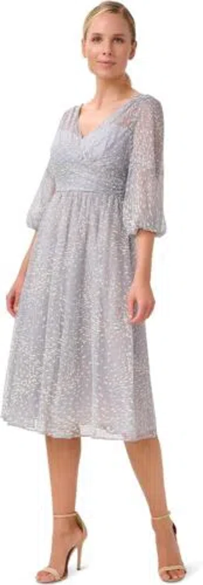 Pre-owned Adrianna Papell Women's Glitter Mesh Midi Dress In Dusty Blue