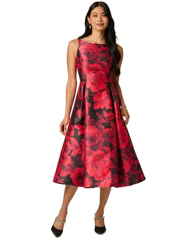 Adrianna Papell Ikat Rose Print Mikado Fit And Flare Midi Dress In Red Black Multi