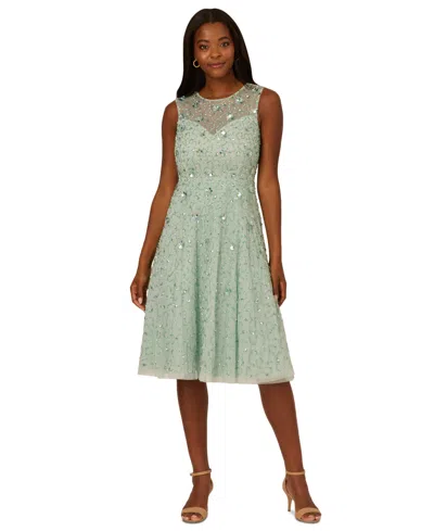 Adrianna Papell Womens Illusion Beaded Fit & Flare Dress In Icy Sage