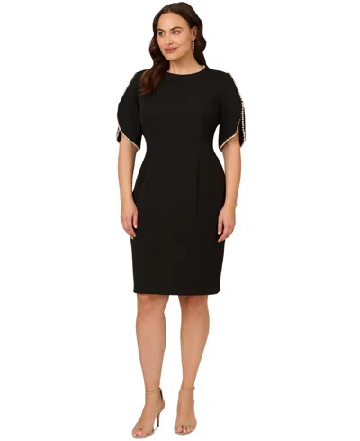 Adrianna Papell Plus Size Crepe Midi Length Sheath Dress With Pearly Trim In Black