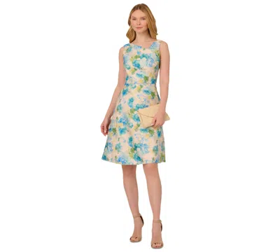 Adrianna Papell Women's Jacquard Asymmetric-neck Dress In Ivory,blue Multi