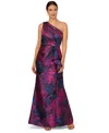 Adrianna Papell One-shoulder Jacquard Mermaid Gown In Navy Orchid
