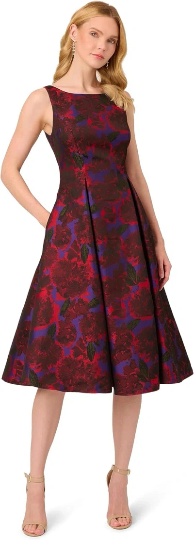 Pre-owned Adrianna Papell Women's Jacquard Tea Length Dress In Red Multi