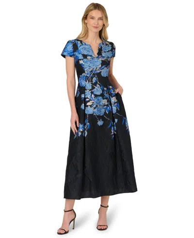 Adrianna Papell Split Neck Jacquard Dress In Black