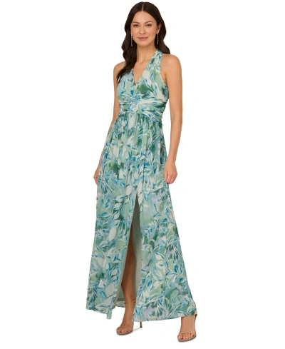Adrianna Papell Women's Leaf-print Chiffon Shirred Gown In Slate