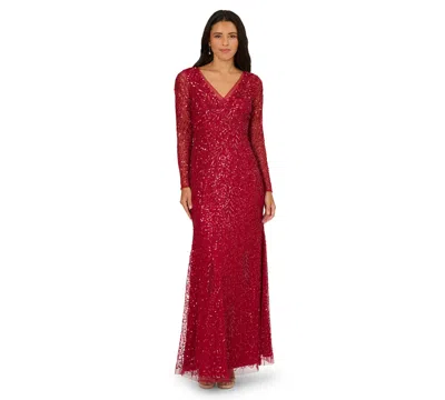 Adrianna Papell Women's Long-sleeve Beaded Full-length Gown In Burgundy
