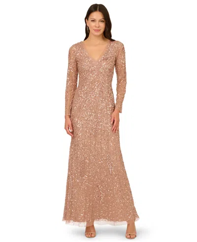 Adrianna Papell Women's Long-sleeve Beaded Full-length Gown In Gold