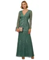 Adrianna Papell Beaded Long Sleeve Column Gown In Green Slate