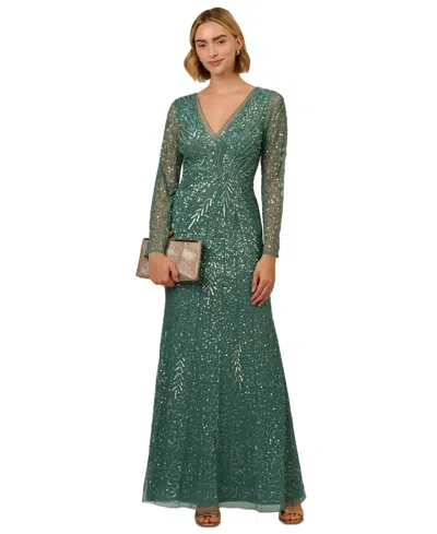 Adrianna Papell Beaded Long Sleeve Column Gown In Green Slate