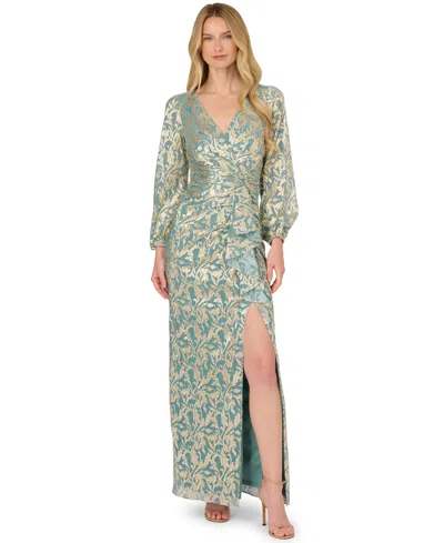 Adrianna Papell Long Sleeve Metallic Crinkle Drape Gown In Mint Gold In Green