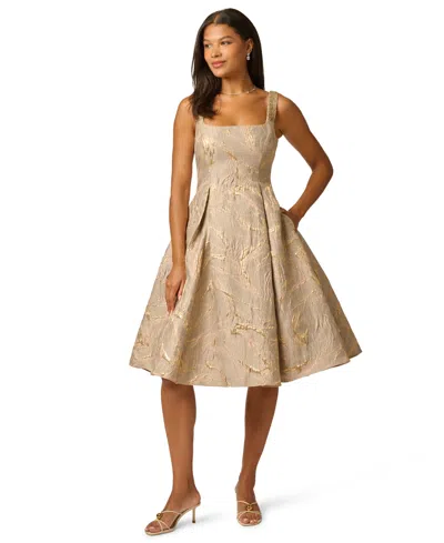 Adrianna Papell Beaded Square Neck Metallic Fit And Flare Midi Dress In Mink In Neutral