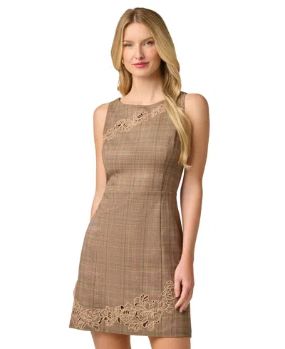 Adrianna Papell Metallic Plaid Floral Embroidered Short Dress In Brown Multi