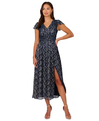 Adrianna Papell Women's Metallic-print Crinkle Belted Dress In Navy Silver