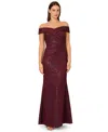Adrianna Papell Off-the-shoulder Jacquard Gown In Burgundy