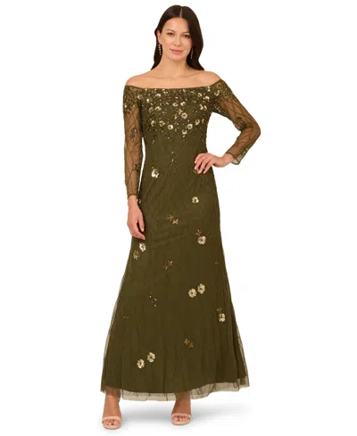 Adrianna Papell Women's Off-the-shoulder Bead Dress In Green