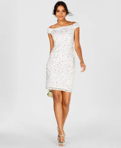 Adrianna Papell Women's Off-the-shoulder Beaded Sheath Dress In Ivory,silver