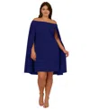 Adrianna Papell Off The Shoulder Long Sleeve Capelet Cocktail Dress In Dark Blue Violet