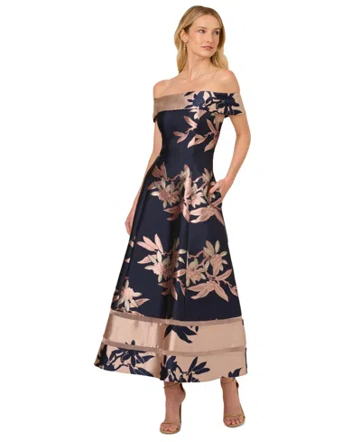 Adrianna Papell Womens Off-the-shoulder Floral Fit & Flare Dress In Navy,blush