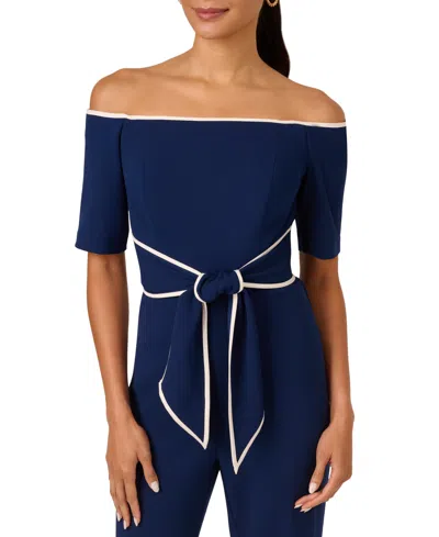 Adrianna Papell Women's Off-the-shoulder Jumpsuit In Navy Sateen,ivory
