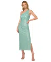 Adrianna Papell Beaded Sequin Floral One-shoulder Gown In Aqua Luster