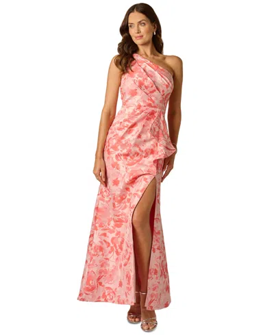 Adrianna Papell One Shoulder Floral Jacquard Draped Gown In Coral Multi In Pink