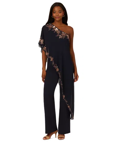 Adrianna Papell Women's One-shoulder Embellished-overlay Jumpsuit In Navy,rose Gold