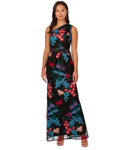 Adrianna Papell Women's One-shoulder Embroidered Gown In Black Multi