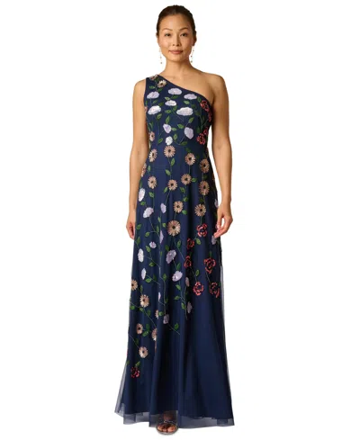 Adrianna Papell One Shoulder Floral Garden Beaded Gown In Navy Multi In Blue