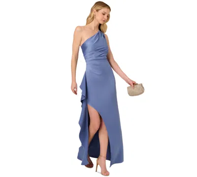 Adrianna Papell Women's One-shoulder Ruffle-trim Satin Crepe Gown In French Blue