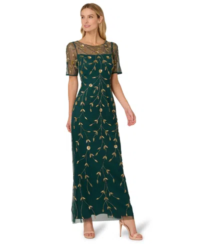 Adrianna Papell Women's Printed Bead Mesh Long Dress In Green