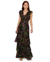 Adrianna Papell Tiered Floral Print Lace-up Chiffon Gown In Black Multi
