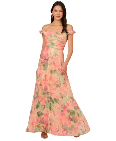 Adrianna Papell Women's Printed Off-the-shoulder Chiffon Gown In Blush Multi