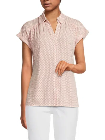 Adrianna Papell Women's Printed Short Sleeve Button Down Shirt In White Pink