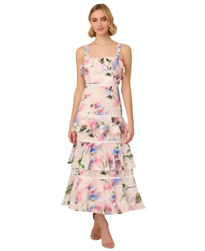 Adrianna Papell Women's Printed Straight-neck Tiered Chiffon Dress In Ivory Pink