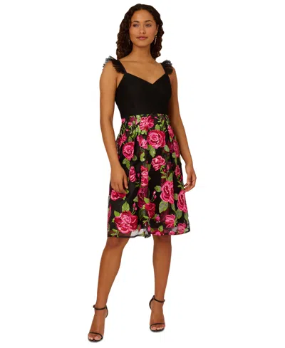 Adrianna Papell Women's Rose-embroidered-mesh Dress In Pink Green Multi
