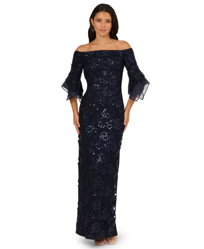 Adrianna Papell Women's Sequin Lace Off-the-shoulder Maxi Dress In Blue