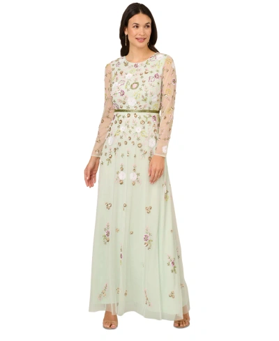 Adrianna Papell Women's Sheer-sleeve Floral Beaded Gown In Mint Glass