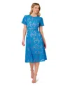 Adrianna Papell Short Sleeve Belted Lace Midi Dress In Blue