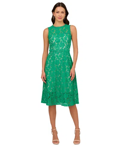 Adrianna Papell Belted Sleeveless Lace Midi Dress In Botanical Green