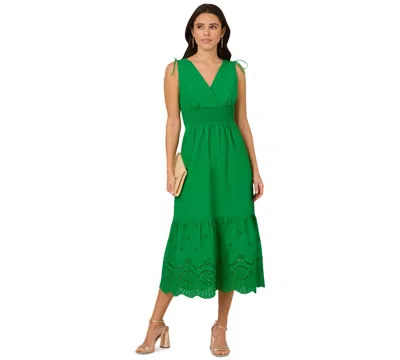 Adrianna Papell Women's Smocked-waist Tie-sleeve Eyelet Cotton Sundress In Palm Leaf