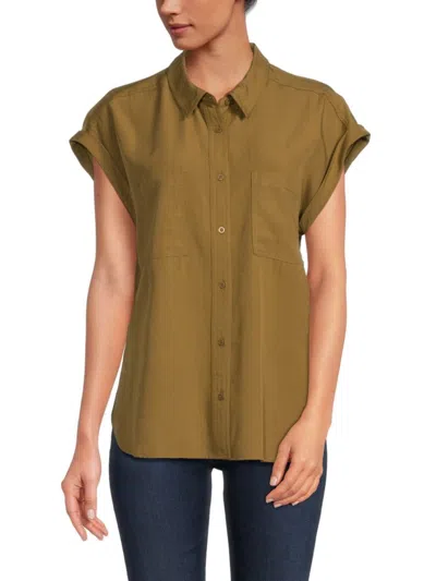 Adrianna Papell Women's Solid Pocket Shirt In Olive Brown
