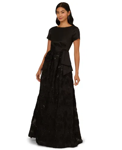 ADRIANNA PAPELL WOMEN'S SOUTACHE FLORAL COMBO SHORT-SLEEVE GOWN