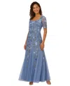 Adrianna Papell Sequin Floral Mesh Mermaid Gown In French Blue