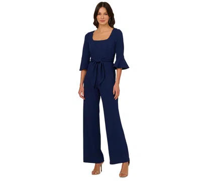 Adrianna Papell Women's Square-neck Bell-sleeve Wide-leg Jumpsuit In Navy Sateen