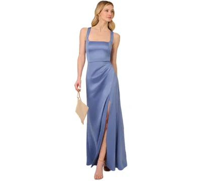 Adrianna Papell Women's Square-neck Satin Slit-front Gown In French Blue