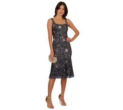 Adrianna Papell Women's Square-neck Sleeveless Beaded Dress In Navy,pink Multi