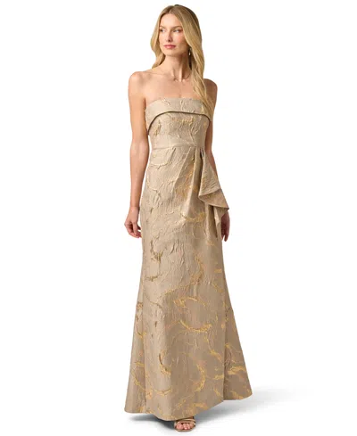 Adrianna Papell Strapless Metallic Jacquard Draped Gown In Mink In Yellow