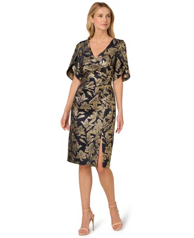 Adrianna Papell Women's Stretch Jacquard V-neck Short Dress In Black