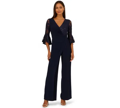 Adrianna Papell Women's Surplice Lace Combo V-neck Jumpsuit In Blue
