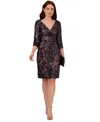 Adrianna Papell Beaded V-neck Short Dress In Navy Rose Gold